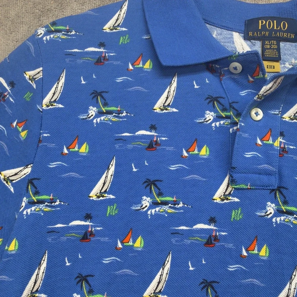Polo Ralph Lauren Boys Polo Shirt‎ Blue Sailboat Print XL 18-20